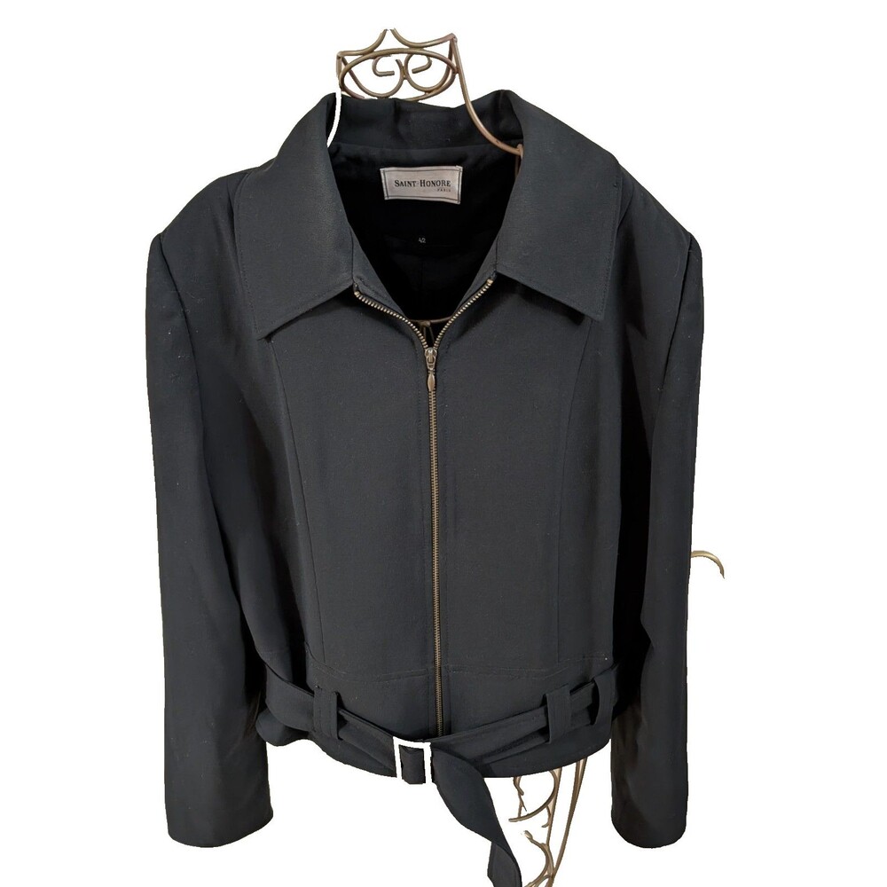 Saint-Honore Paris Black Full-Zip Belted Jacket Size 42 Good Used